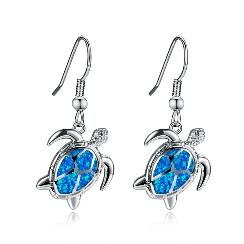 

Boho Female Blue Opal Drop Earrings Classic Silver Color Long Dangle Earrings Cute Sea Turtle Wedding Earrings For Women