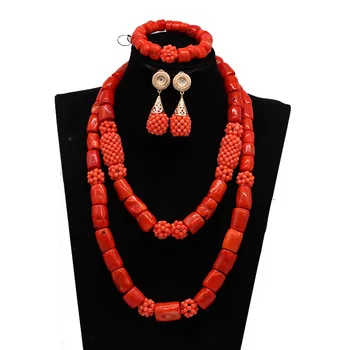 

New Design 2 Layers Coral Beads African Wedding Jewelry set Orange Nigeria Bride Necklace Jewelry Set Free Shipping CO2802