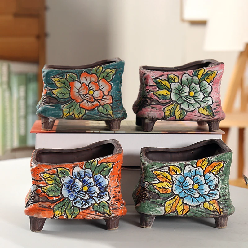 Korean Ins Hand Painted Lotus Succulent Flower Pot Large Diameter Square Foot Ceramic Potted Plants Home Creative Gardening | Дом и сад
