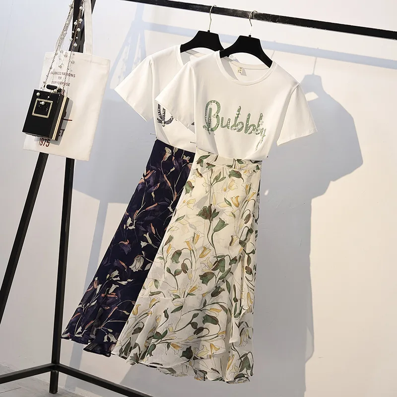 

Fat Mm Summer Wear Chiffon Skirt Large Size WOMEN'S Suit Belly Covering Slimming Two-Piece Set