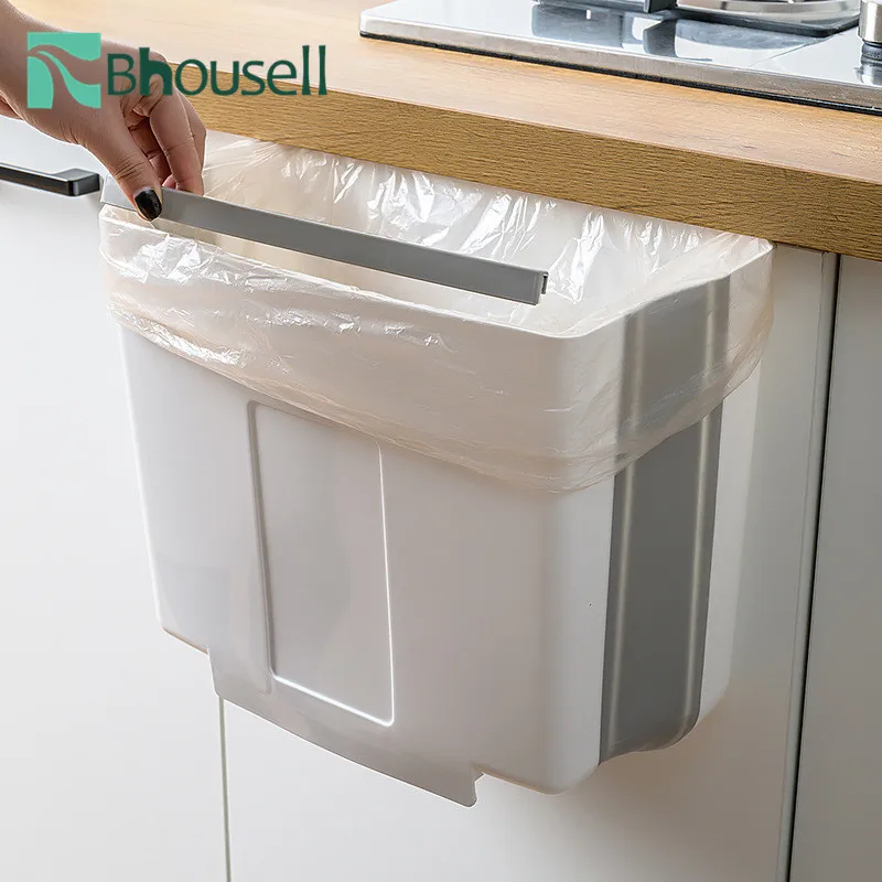 

Kitchen Folding Cabinet Door Plastic Basket Household Hanging Trash Can Storage Garbage Bag Holder Desktop Storage