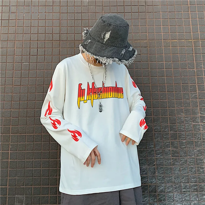 Lychee Harajuku Свободные женские футболки с вырезом лодочкой футболки с принтом пламени и буквами женская футболка Топ Весна Осень Женские футболки топы