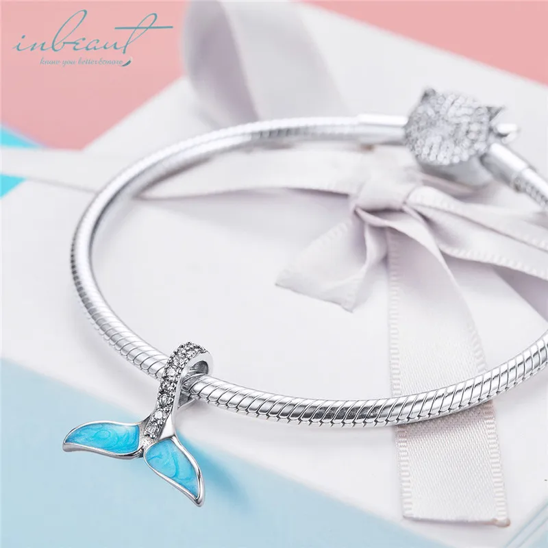 S925 серебро fit Pandora браслет синий Дельфин хвост талисманы 925 белый круглый Циркон рыбий хвост бусины для DIY банльж цепи