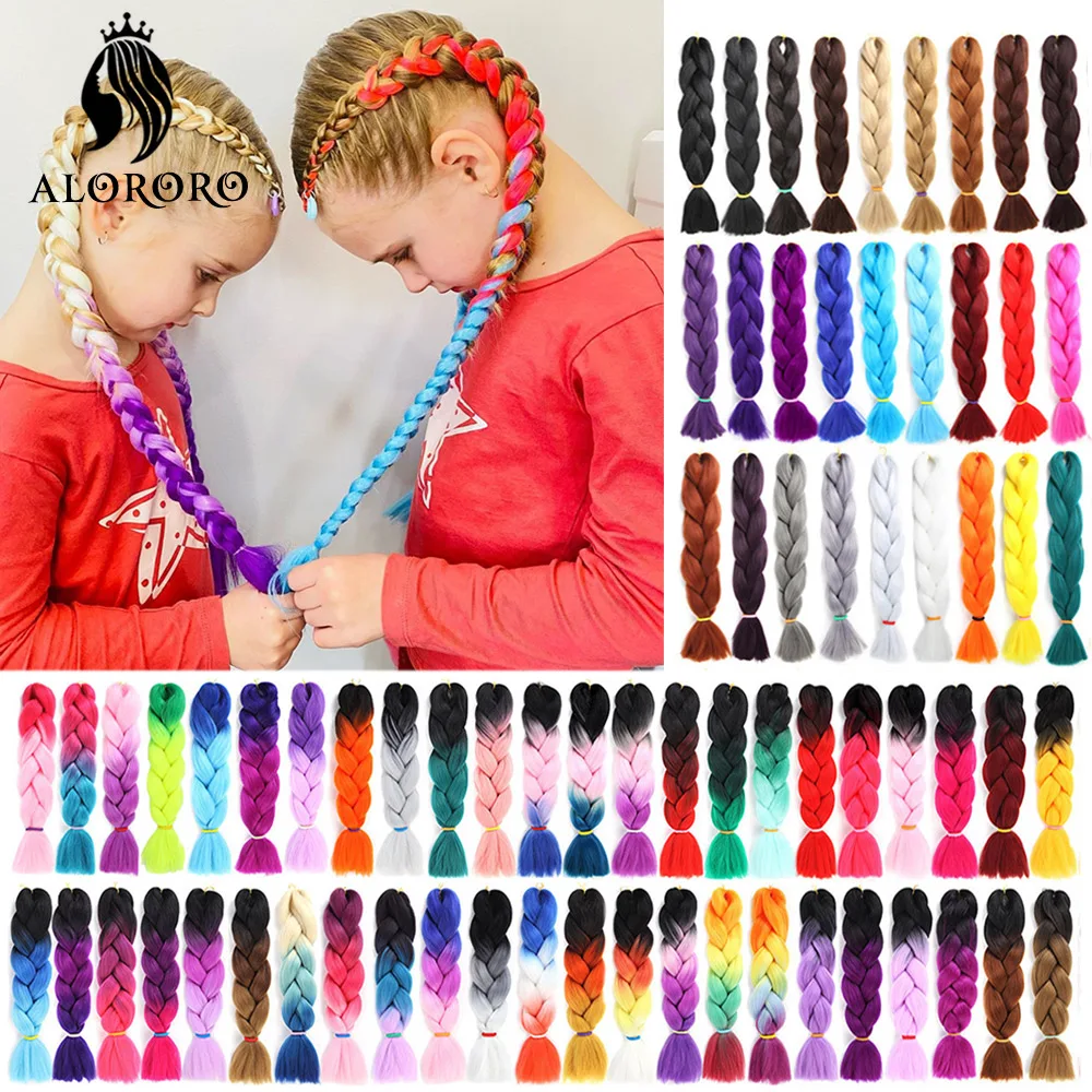 Braiding Hair Extensions 24 Inch Synthetic Kanekalon Hair Afro Pink Green Blue Ombre Crochet Jumbo Hair for Kids Braids Alororo