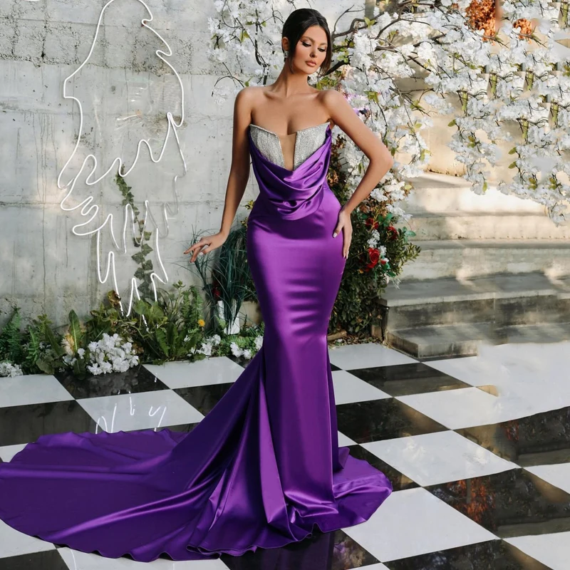 

Eightale Sexy Prom Dresses Purple Mermaid Evening Dress 2022 Sequins Saudi Arabia Strapless Satin Cocktail Party Gowns Plus Size