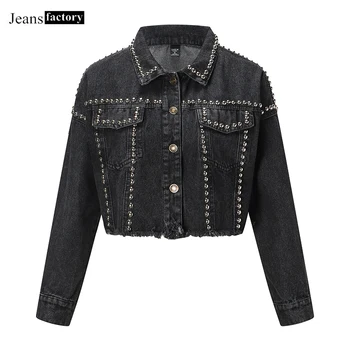 

Fashion Rivet Denim Jacket Female Black Single Breasted Short Basic Coat Spring Autumn Streetwear Jeans Jackets Women Outwear