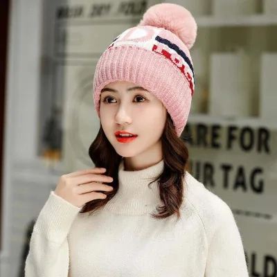 Новая брендовая новая зимняя шапка женская теплая шапка Skullies Beanie шапки Леди буква из флиса вязаная шляпа нагрудник женские наборы для езды на велосипеде 2 шерстяные шапки - Цвет: Hat pink