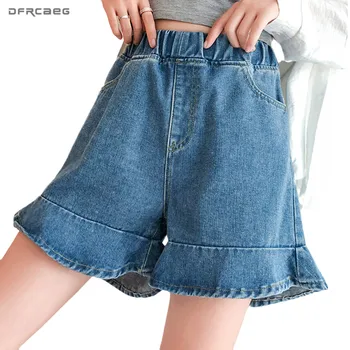 

Elastic Waist Plus Size Summer Shorts Jeans Women 2020 Casual Vintage Loose Ruffle Denim Short Femme 4XL 5XL Light Blue