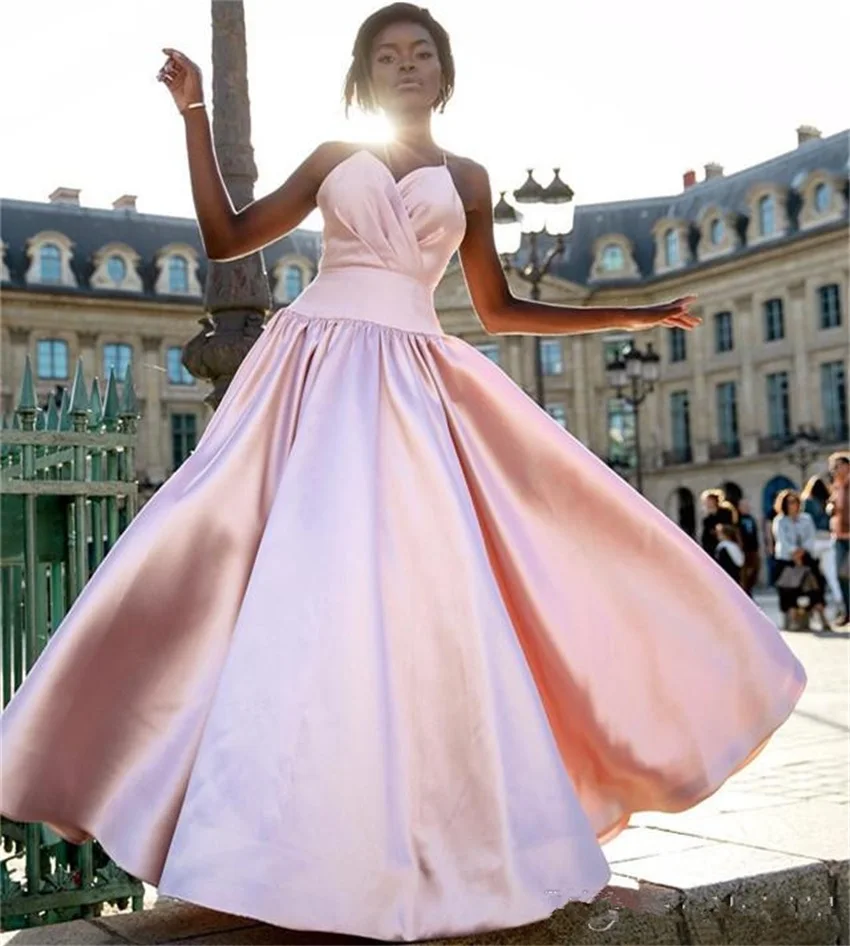 

New Pink Halter abendkleider Dresses Long 2019 Pleated Bust Formal Gowns Black Girls Sweet Evening Party robe de soiree