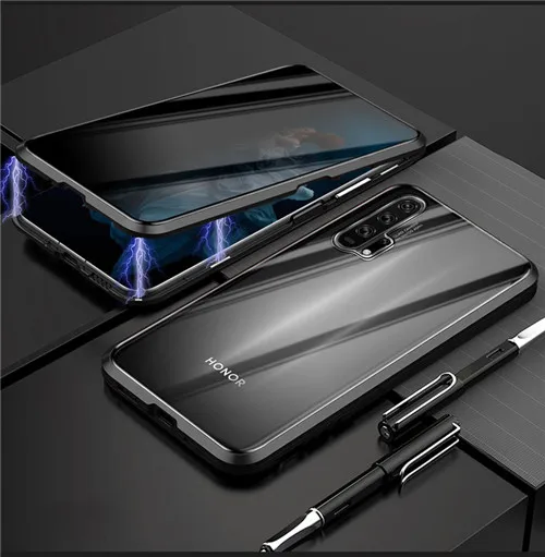 Магнитный чехол для huawei Honor 20 20 Pro двусторонний стеклянный чехол металлический бампер для Honor 9X защитный чехол - Цвет: Черный