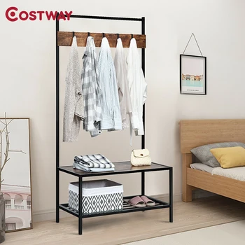

3 In 1 Multi-function Industrial Coat Rack with 2-tier Storage Bench 5 Hooks Durable Iron Frame Premium MDF Organizer Bench