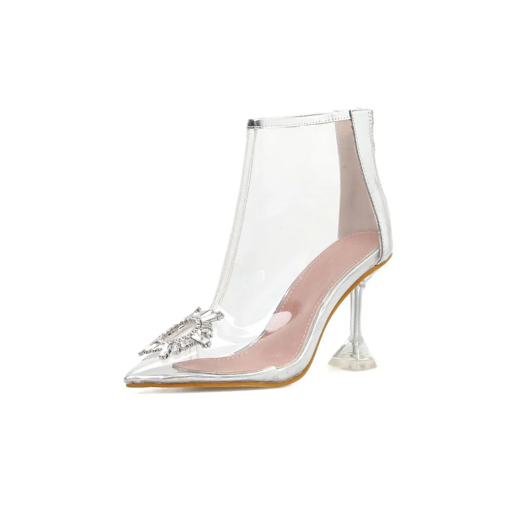Новая чистая, поливинилхлоридная, прозрачная ботильоны для женщин с украшением в виде кристаллов острый носок туфли на высоком прозрачном каблуке; осенние женские сапоги Дамская обувь