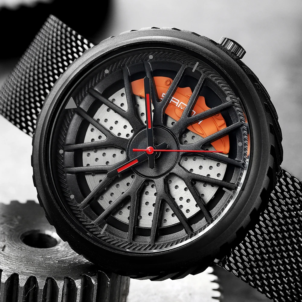 SANDA Quartz Watch Men Creative 3D Hollow Car Wheel Dial Mesh Steel Strap Waterproof Sport Watches Cool Male Relogio Masculine