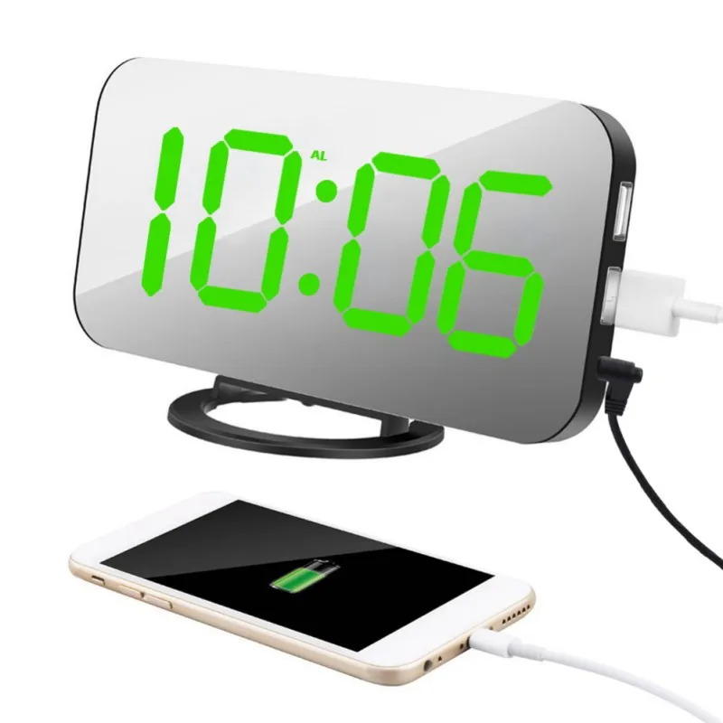 Electric LED Alarm Clock with Dual USB Wireless Charger Desktop Digital Clock HD Mirror Clock With Date 12/24 h Switch 4 Color