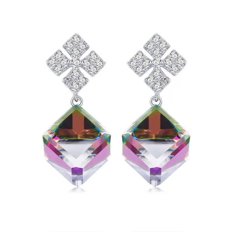 bamoer Austrian Crystal Cube Wreath Dangle Earrings 925 Sterling Silver Flower Women Wedding Statement Jewelry Gifts BSE202 - Окраска металла: SCE542