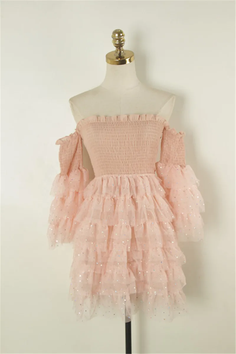Женское платье vestidos осеннее Новое тонкое кружевное Сетчатое платье с открытыми плечами розовое платье - Цвет: Розовый