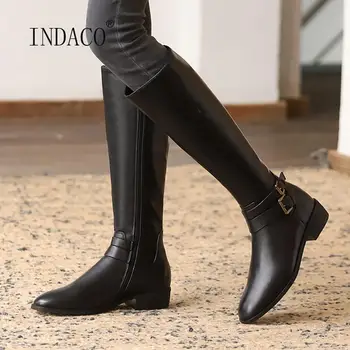 

2020 New Leather Boots Women Winter Warm Knee High Boots Square Heel Buckle Decoration Thigh High Boots Zipper Botas Feminina