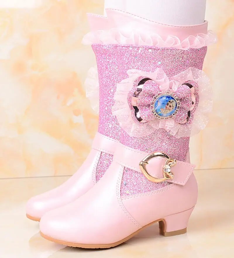 New Princess Elsa Boots Girls Pink Glitter Girls Shoes High Heels Autumn Winter Girls High Boots Velvet For Party Shoes