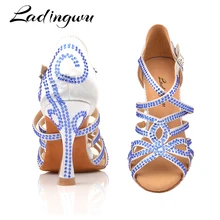 Ladingwu/туфли для латинских танцев; двойные стразы; цвет синий, серебристый, серый; атласная Женская Обувь для бальных танцев; Каблук 9 см