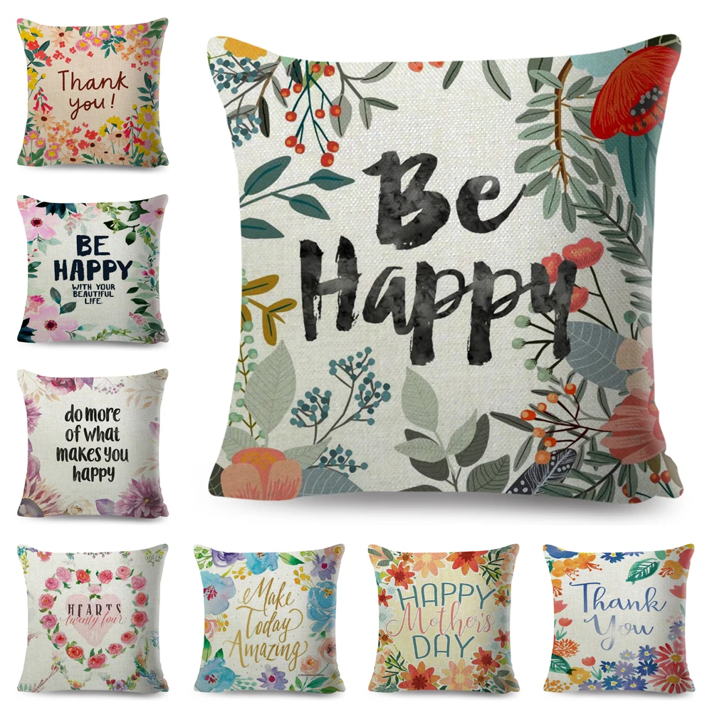 

Nordic Style Cushion Cover Decor Plant Floral Print Pillowcase for Sofa Home Car Flower Be Happy Pillow Case 45x45cm