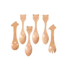 6 шт. набор деревянных ложек и вилок, детские столовые приборы, ложка в виде животных, милая посуда с мультяшной ручкой для домашнего ресторана