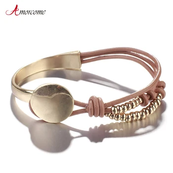 

Amorcome Vintage Gold Frosted Metal Leather Bracelets For Women Fashion Simple Multilayer Leather Bracelets Handmade Jewelry