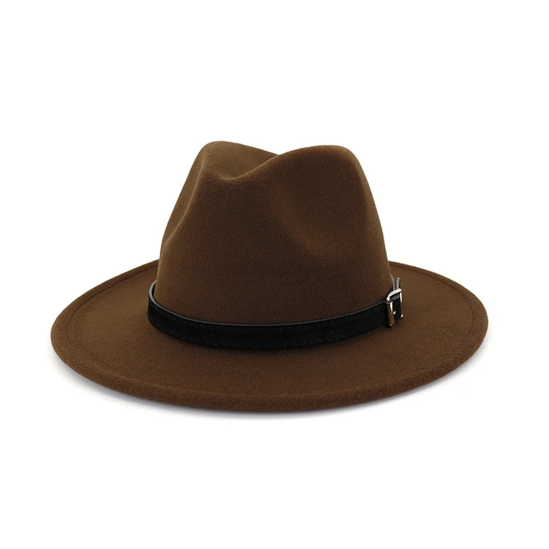 FS белая шерстяная фетровая джазовая шляпа для мужчин и женщин с широкими полями шерстяная зимняя фетровая шляпа Панама шляпа Трилби с Поясом Вечерние шляпы 17 цветов - Цвет: Coffee fedora