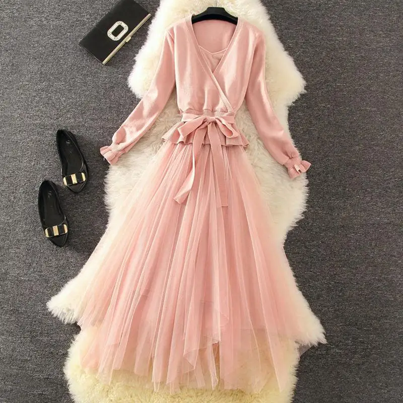 Женское Повседневное платье, новинка, осенний свитер с v-образным вырезом, пэтчворк сетка, длинный халат для девушек, элегантное розовое Бандажное вязаное платье - Цвет: 2