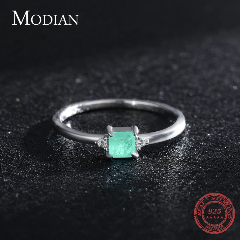 Modian 여성을위한 새로운  패션 에메랄드 컷 전기석 손가락 반지 우아한 간단한 Paraiba 실버 파인 쥬얼리
