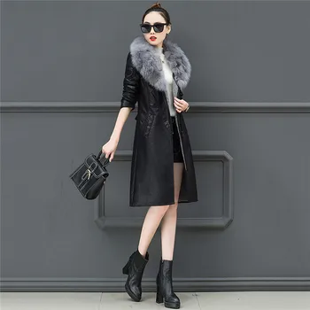 

Winter PU Leather Clothing Women Plus Velvet Thickening Long Section New Slim Slimming Waist Large Fur Collar Leather Jacket 596