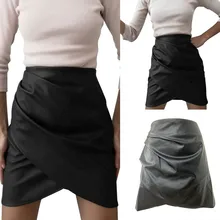 Новинка, Женская мини-юбка с высокой талией из искусственной кожи, однотонная Сексуальная короткая плиссированная мини-юбка стрейч