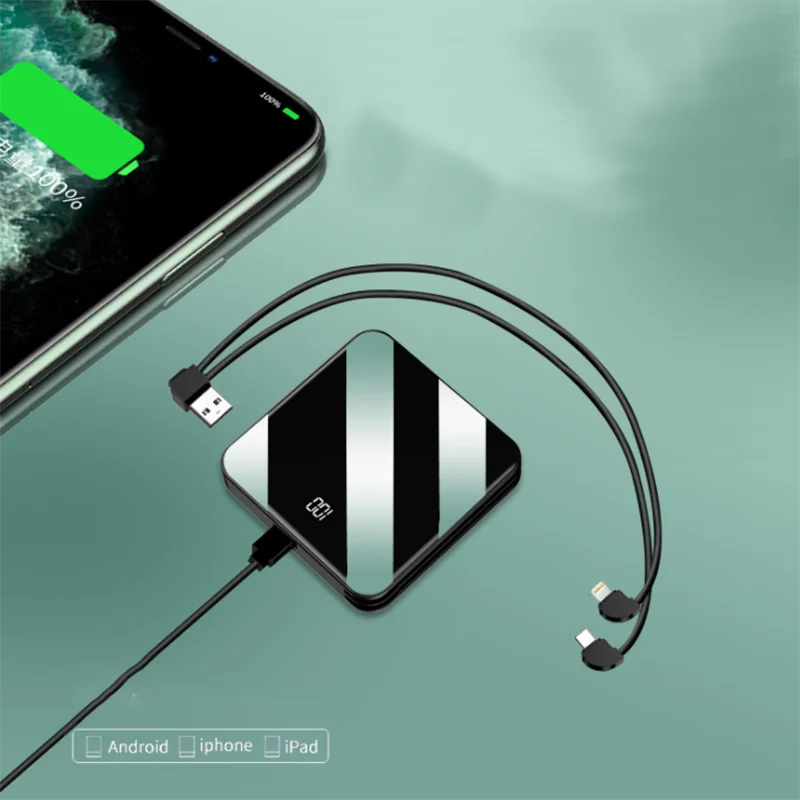 10000 мАч carregador portatil powerbank с зеркальным экраном 2.1A Быстрая зарядка Встроенная линия