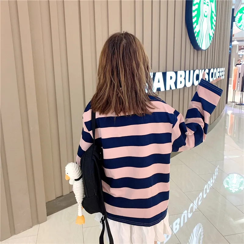 Harajuku/винтажная полосатая женская футболка с отложным воротником, одежда в Корейском стиле, футболка для девочек, японская футболка с длинными рукавами, Женский Топ