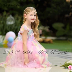 Cape Sleeve Pink Flower Girls Dresses Square Neck Sequined Tea-Length Elegant A-line Girls Birthday First Communion Gown