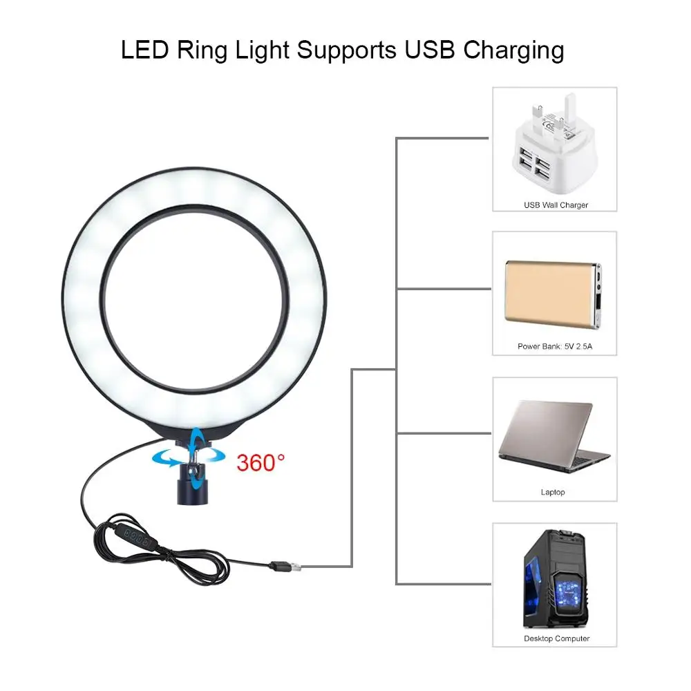 PULUZ круглое основание настольное крепление+ 4,6 дюймов 3 режима USB Диммируемый светодиодный кольцевой видео свет, регулируемая высота: 18 см-28 см