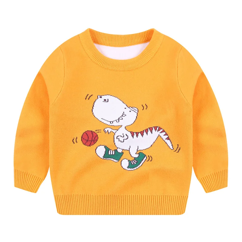 Пуловер для маленьких мальчиков; свитер в рубчик; вязаный свитер с рисунком динозавра, лягушки, медведя на манжетах; Детские Зимние Топы для мальчиков; одежда