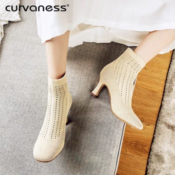 

Curvaness Autumn Winter Add Plush Boots Fashion Elastic Knitted Mid Sock Pumps Boots Shoes Women Round Toe High Thin Heel