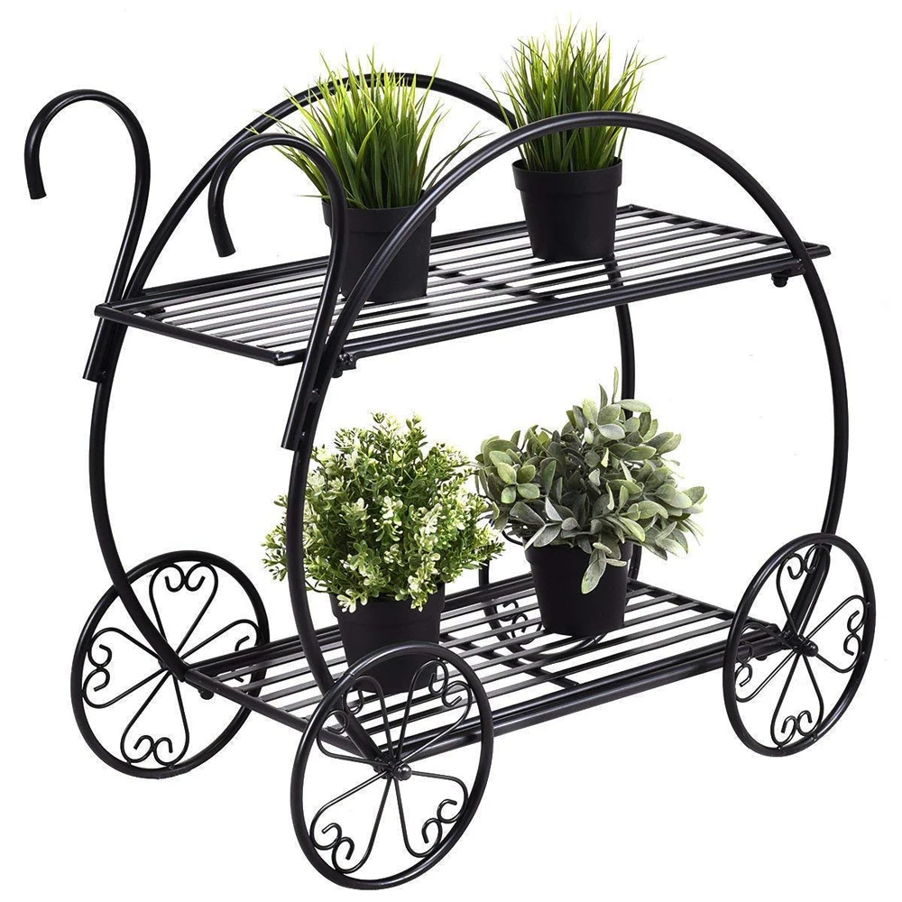 

2 Layer Outdoor Plant Rack Stand Display Shelf With Handle Cart Shape Garden Tools Books Table Planter Stand Home Decor Indoor