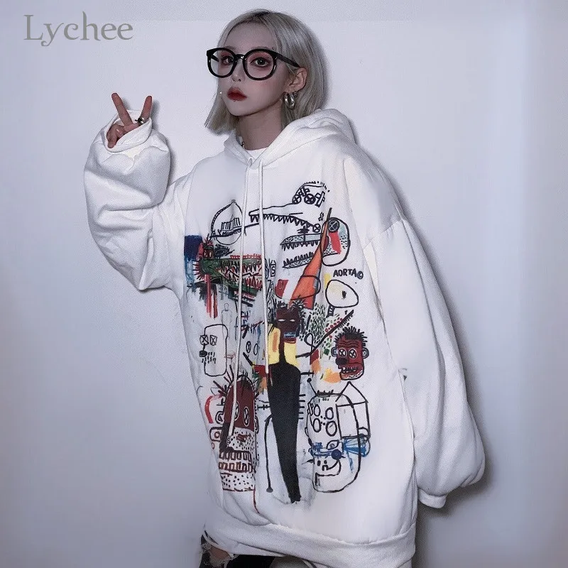 Lychee Harajuku повседневные свободные женские флисовые толстовки пуловеры граффити женские флисовые толстовки с капюшоном осенние дамские свитшоты