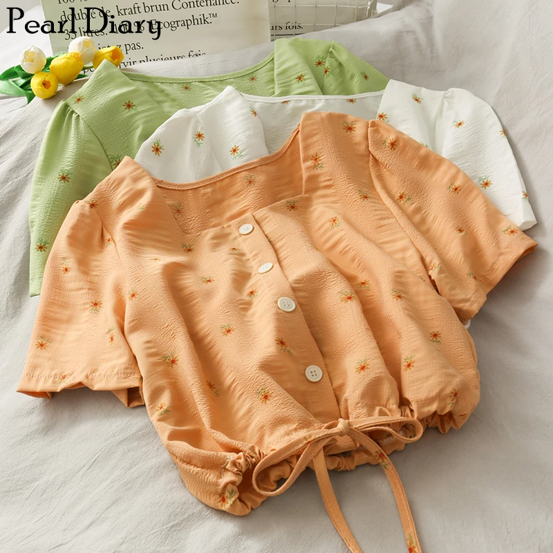 Pearl Diary Women Textured Cotton Crop Blouse Daisy Flower Print Square Neck Buttons Front Drawstring Waist Sweet Short Blouses | Женская