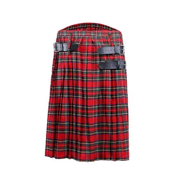 

Scottish Mens Skirt Traditional Plaid Belt Pleated Bilateral Chain Brown Gothic Punk Scottish Tartan Trousers Skirts
