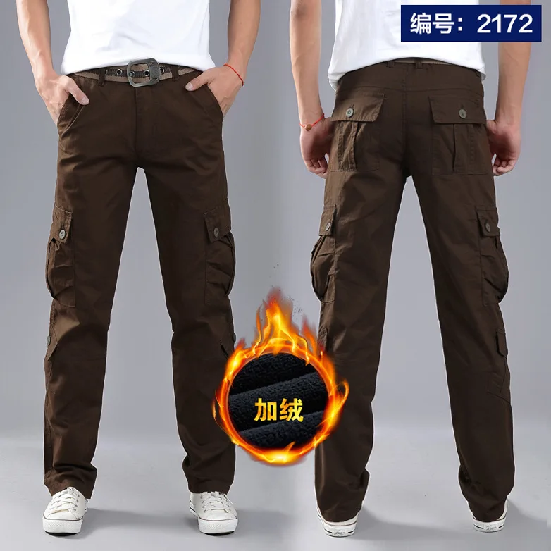 Men Winter Thick Fleece Thermal Multi-pocket Overalls Pants Outdoor Sports Training Hiking Climbing Warm Breathable Trousers