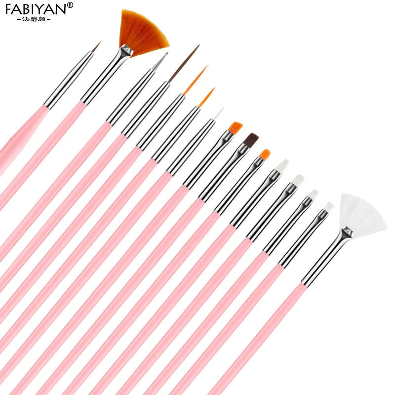 

Pink Design 15pcs Set Nail Art Tips Polish Painting Gel UV Acrylic Dotting Drawing Flat Builder Manicure Pen Brush Fan Tools