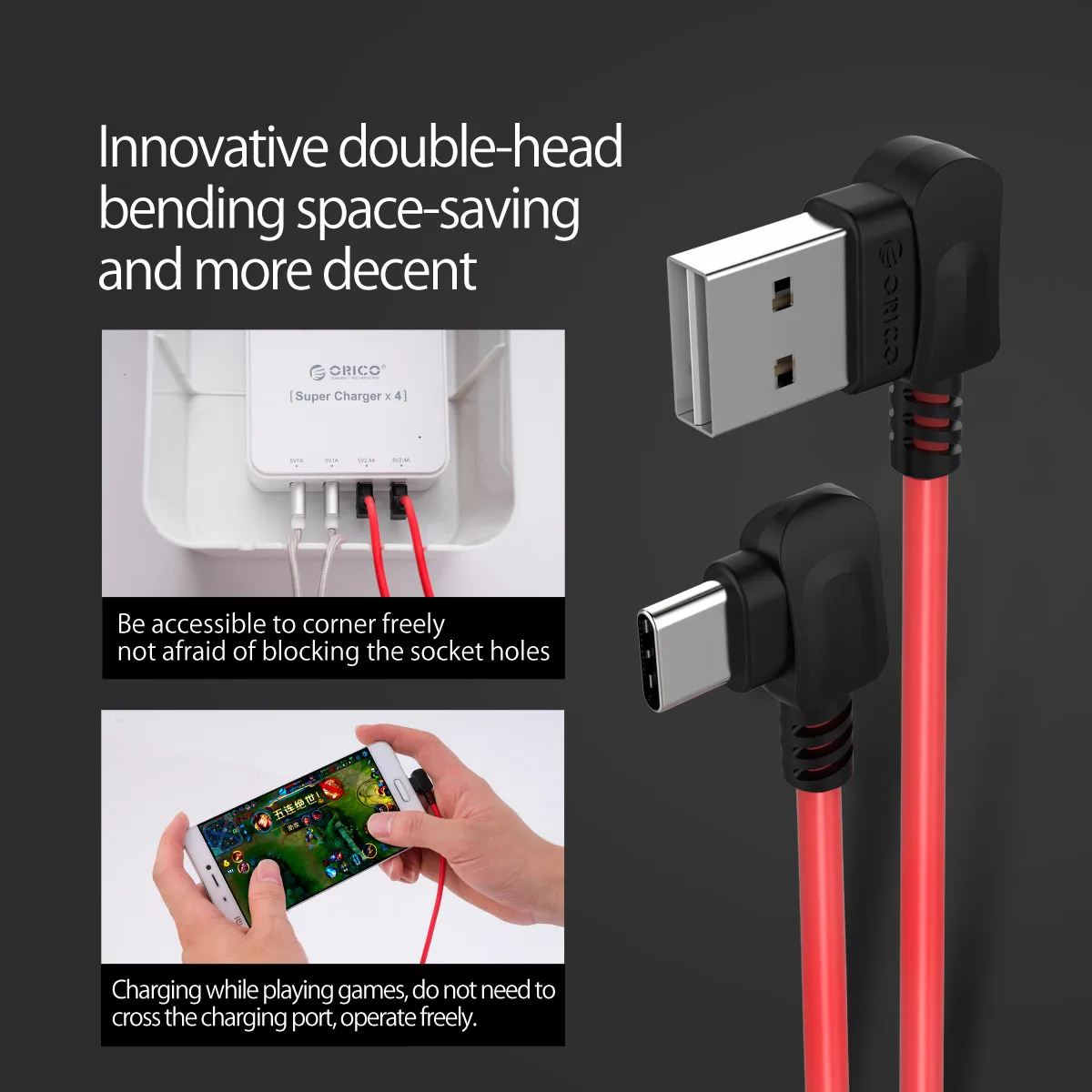 ORICO зарядный кабель правый угол изгиба кабели для iphone с разъемом типа C USB передачи