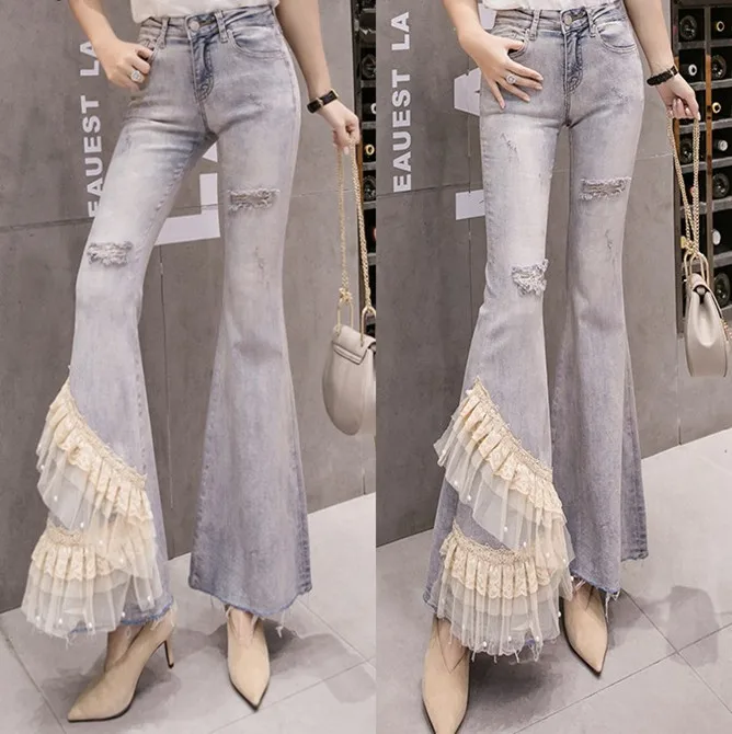 

Layers of Lotus-leaf Lace Jeans Super-fairy Sweet Beads Diagonally Polished White Trousers Temperament Horn Jeans Ladies