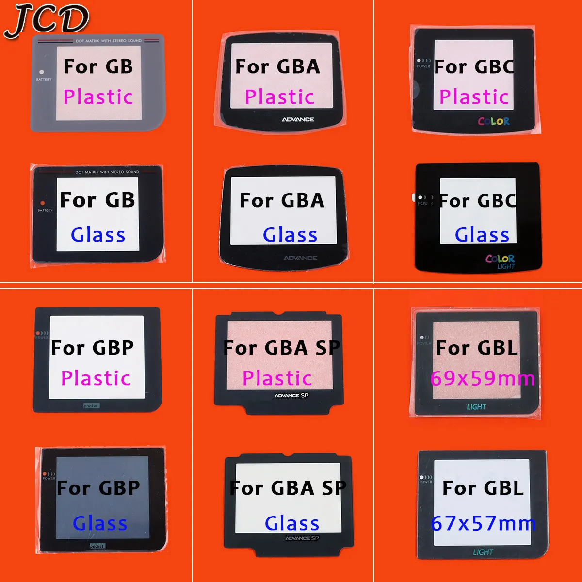 JCD-Lente de Cristal de plástico para GB/GBA/GBC/GBP/GBA SP/GBL, Protector de pantalla de cristal para Gameboy Color, con piezas adhesivas
