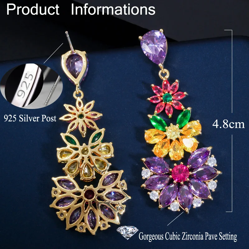 CWWZircons Unique Multicolored Cubic Zirconia Cluster Flower Dangle Drop Earrings for Women Wedding Party Dress Jewelry CZ430 CWWZircons Unique Multicolored Cubic Zirconia Cluster Flower Dangle Drop Earrings for Women Wedding Party Dress Jewelry CZ430