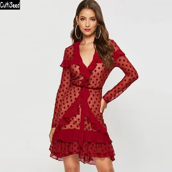 

Women Sexy Deep V neck Polka Dot Print Slim Hip Party Dress Female Spring Autumn Long Sleeve Ruffles Dress Ladies Fashion Dress