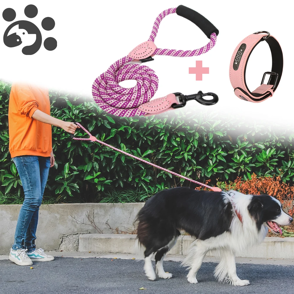 Personalized Dog Collar Leash Set Large Small Dogs Leash with Sponge Handle Pet Puppy Custom Collar Leash for Dog Name Collars