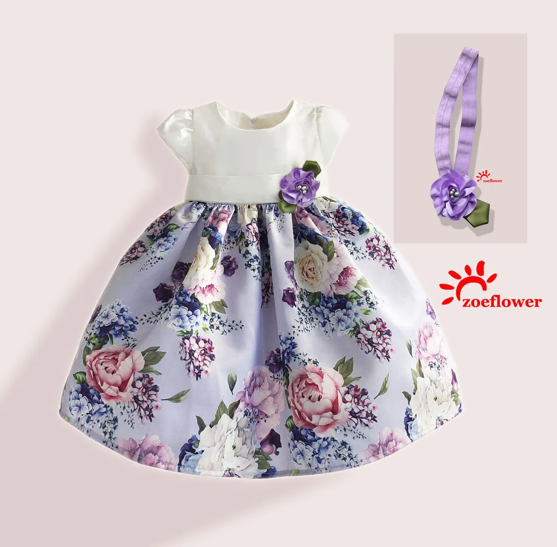 Zoeflower/ стиль; торжественное платье с принтом розы; платье принцессы для девочек; повязка на голову